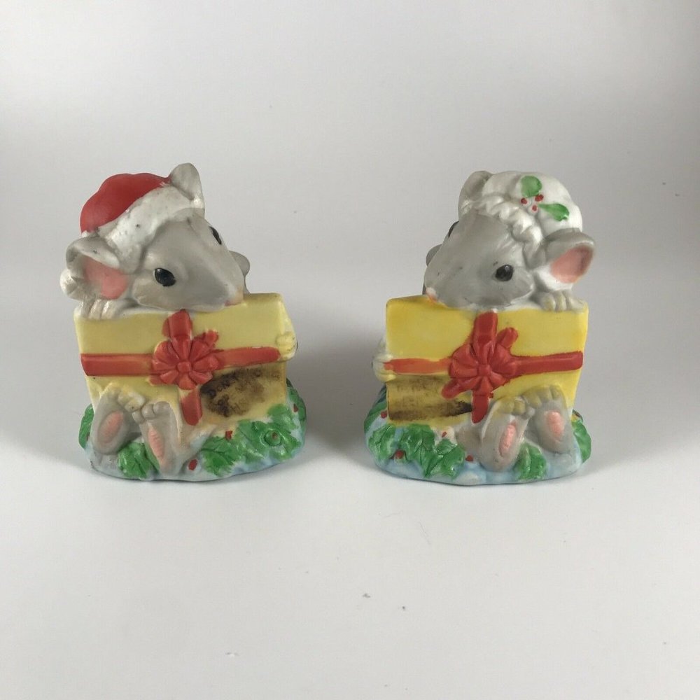 Vintage Christmas MOUSE CANDLE HOLDERS Holiday MICE FIGURINES Set Of 2
